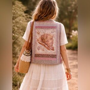 Beautiful Vintage Pink Patchwork Shell Vest  Cardigan Sz S / M 🐚